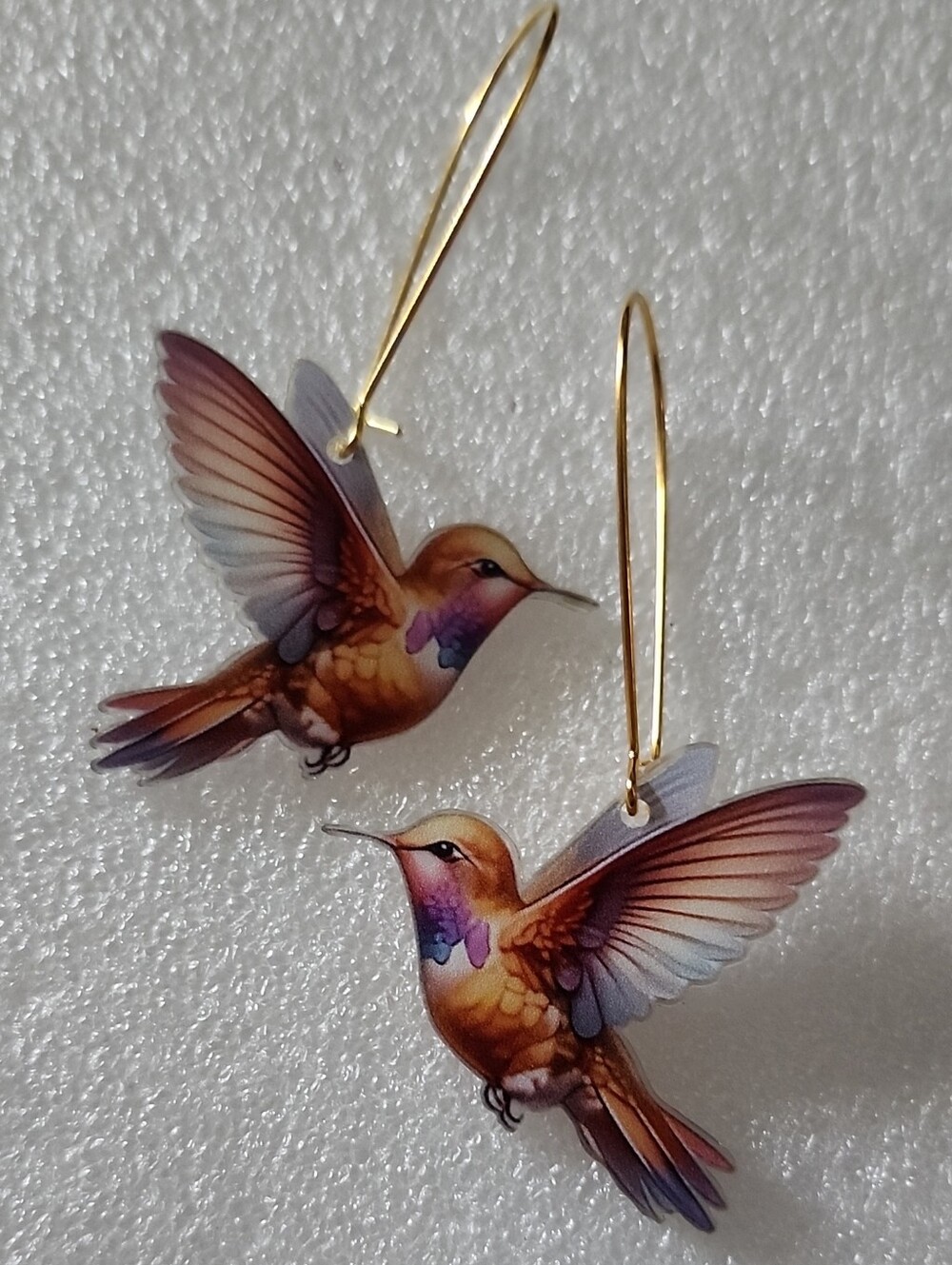 Hand Crafted Gold and Multicolor Hummingbird Drop Earrings